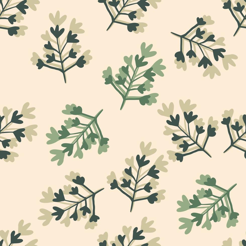 Random seamless spring pattern with branches. Floral shapes in green and dark blue tones on light pastel background. vector