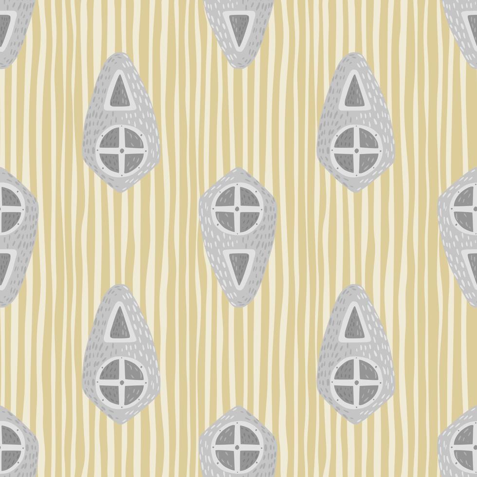 Light grey shied ornament seamless doodle pattern. Hand drawn medieval artwork with yellow striped background. vector