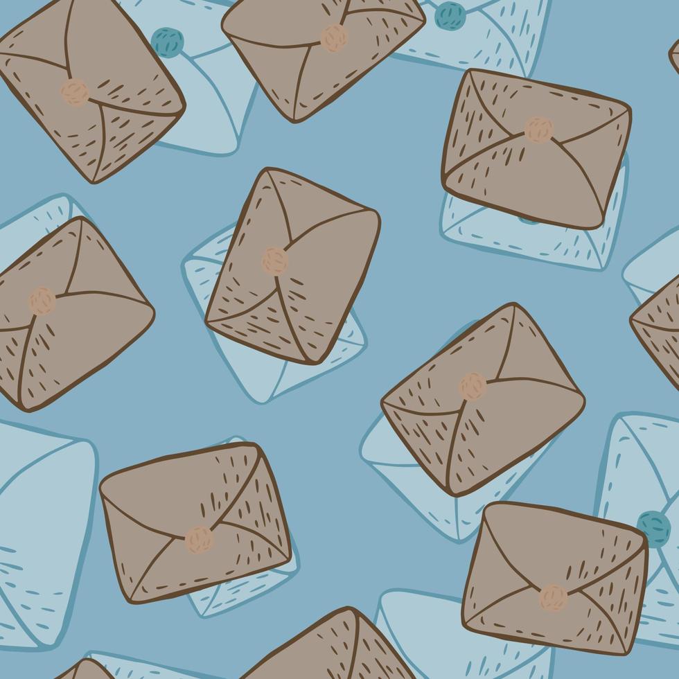 Postal letters seamless mail pattern. Doodle paper card ornament in beige tone on blue background. vector