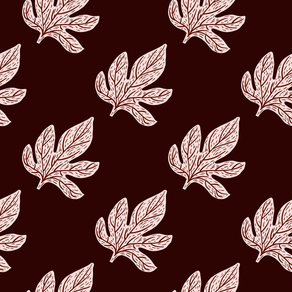 Creative seamless pattern with botanical fall foliage ornament. Light grey leaves on maroon background. vector