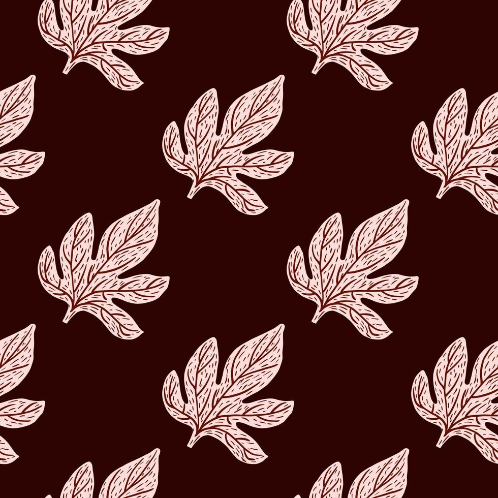 Creative seamless pattern with botanical fall foliage ornament. Light grey leaves on maroon background. vector