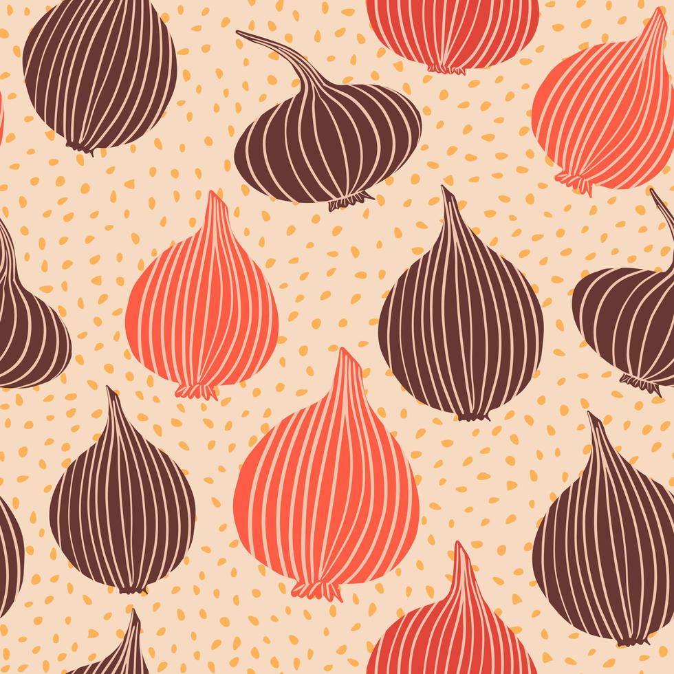 Creative onion bulb vegetable wallpaper. Onion in doodle style seamless pattern. vector