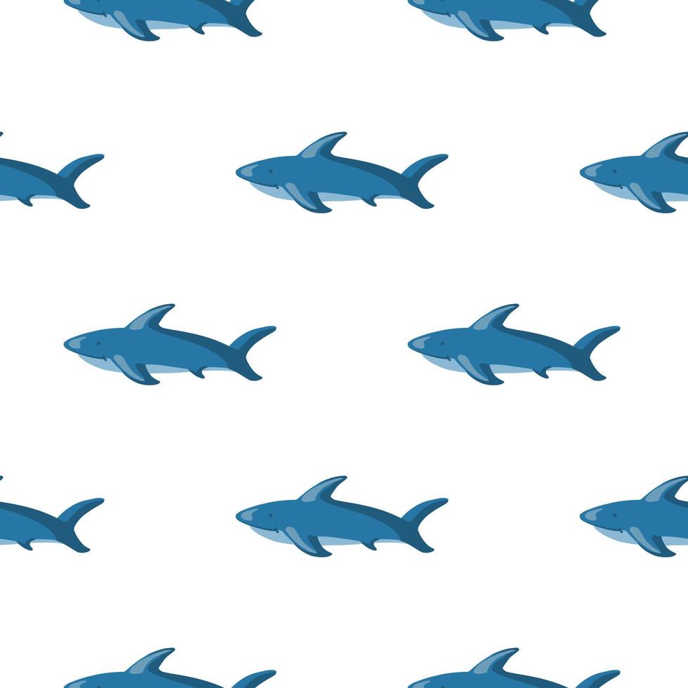 Isolated seamless zoo marine pattern with blue shark fish silhouettes. White background. Simple print. vector