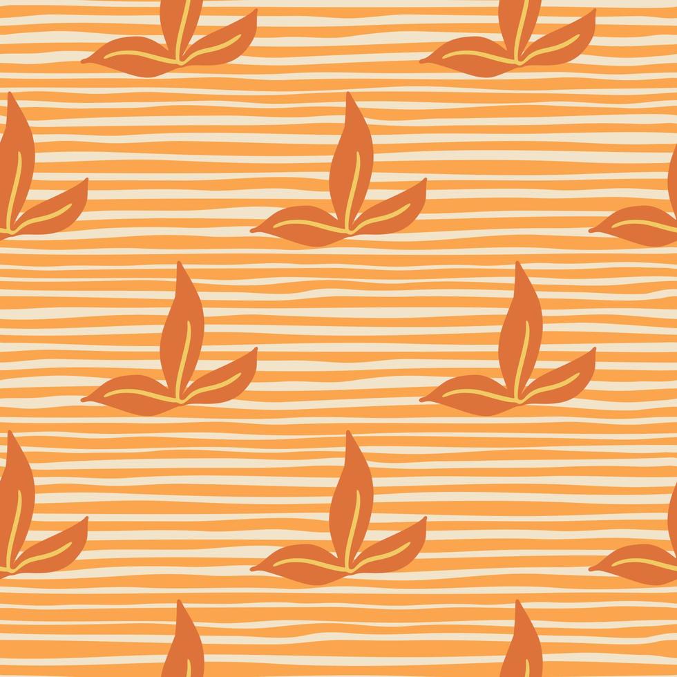 Doodle hand drawn simple leaf seamless pattern. Nature backdrop. Orange striped background. vector