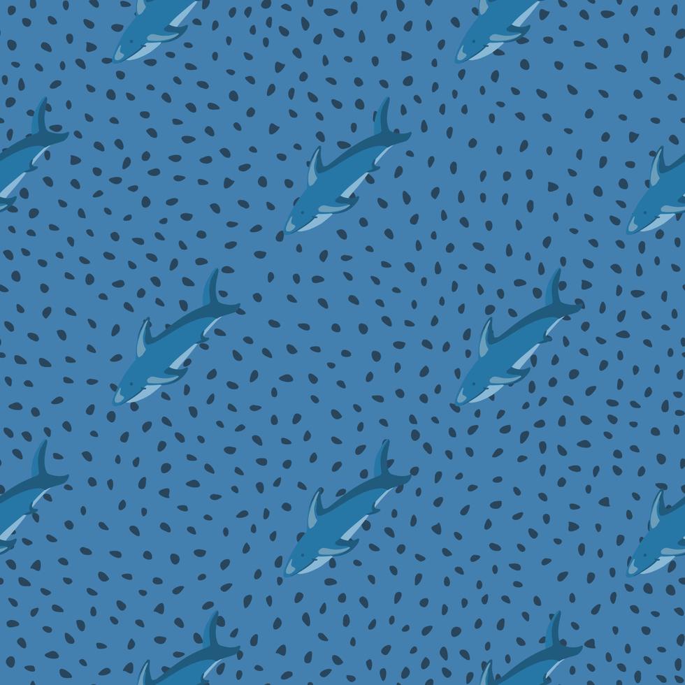 Abstract style animal seamless pattern with diagonal shark silhouettes ornament. Blue dotted background. vector