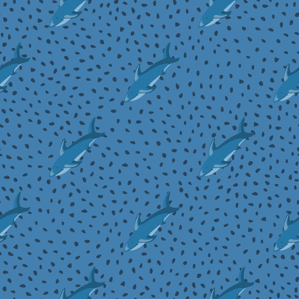 patrón sin costuras de animales de estilo abstracto con adorno de siluetas de tiburones diagonales. fondo punteado azul. vector