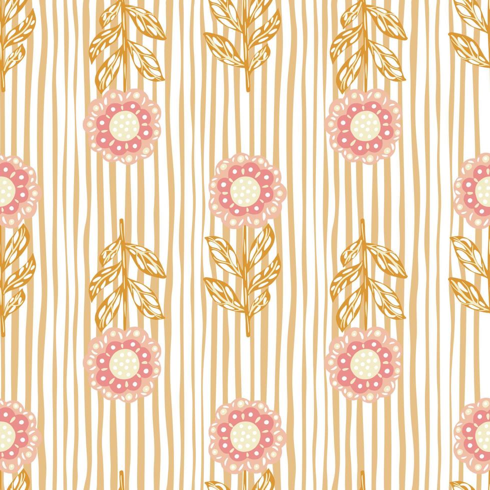 Vintage seamless pattern with pink colored folk flowers elements. Striped background. Light tones. vector