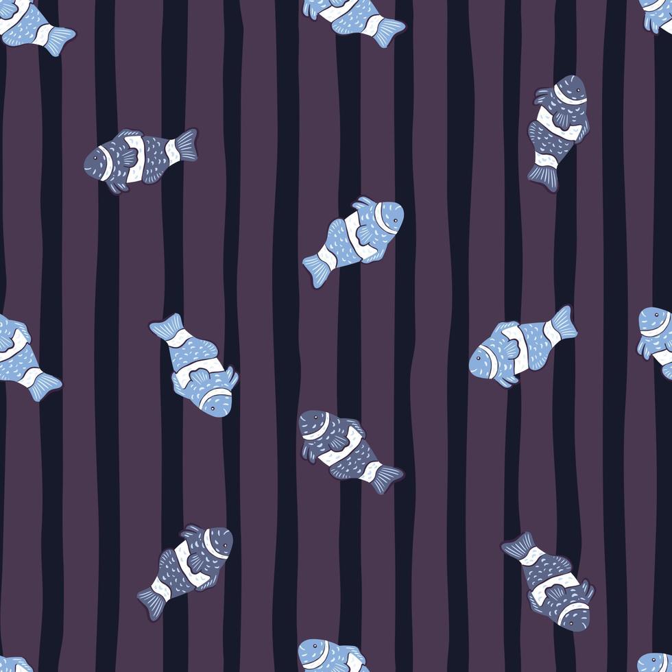 patrón acuático oscuro y transparente con adorno de pez payaso azul al azar. fondo de rayas moradas. estilo simple. vector