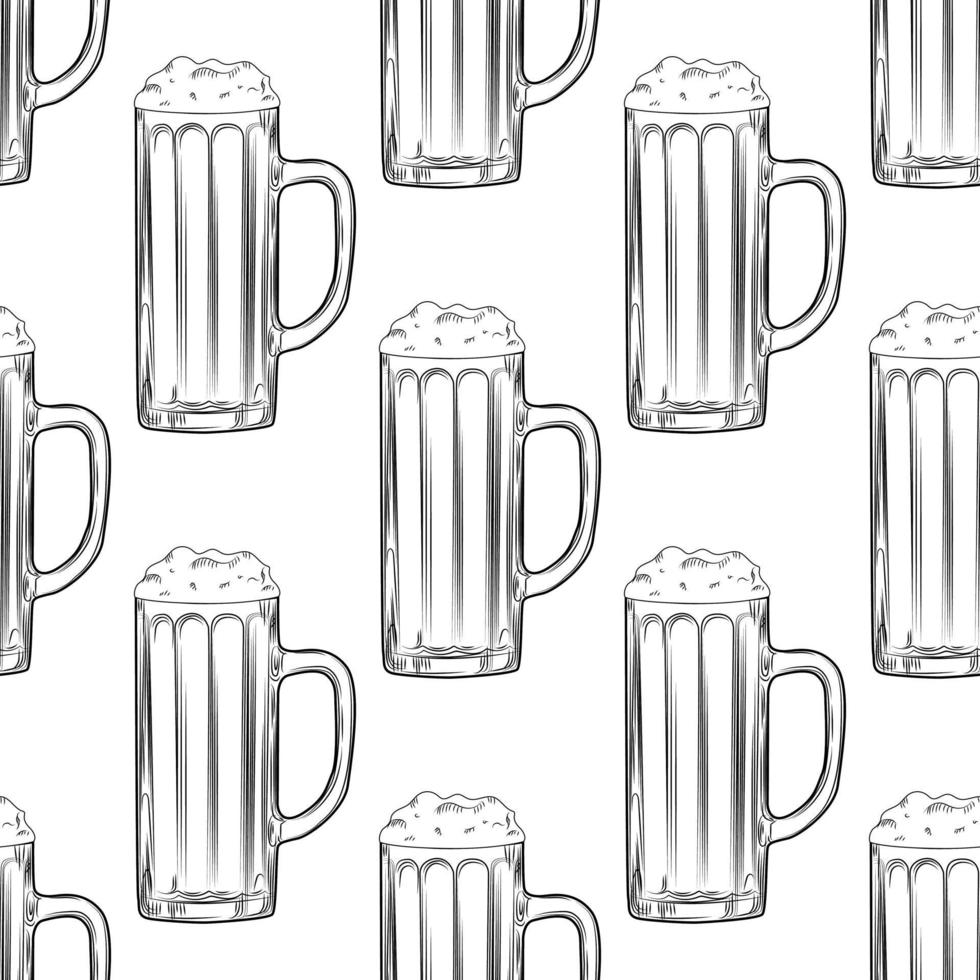 Beer mug seamless pattern. Full beer glasses with foam backdrop. vector