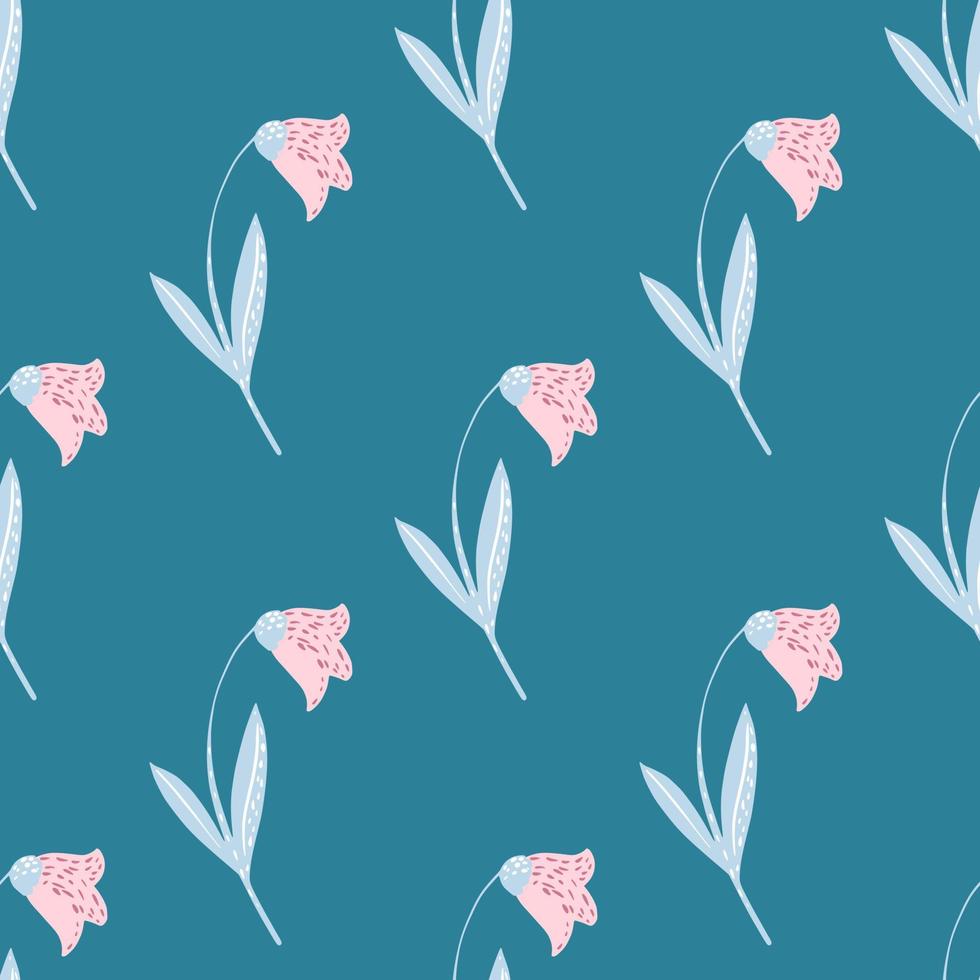 Spring doodle seamless pattern with pink colored campanula silhouettes. Tender flower silhouettes on turquoise background. vector