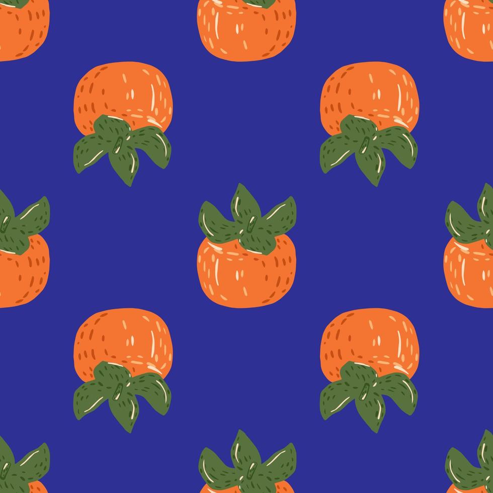 Bright seamless food pattern with fall harvest persimmon silhouettes. Orange fruits on blue background. vector