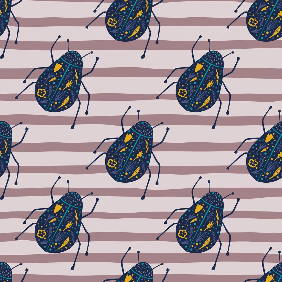 Navy blue folk bugs elements seamless pattern. Hand drawn insects on purple stripped background. Wildlife sketch. vector