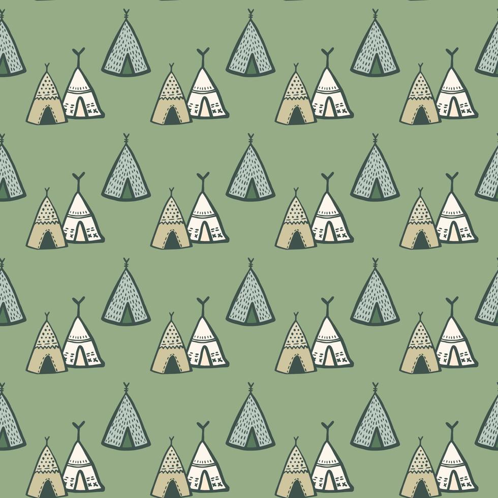 Hand drawn teepee vector seamless pattern on green background. Tribal wigwam endless wallpaper.