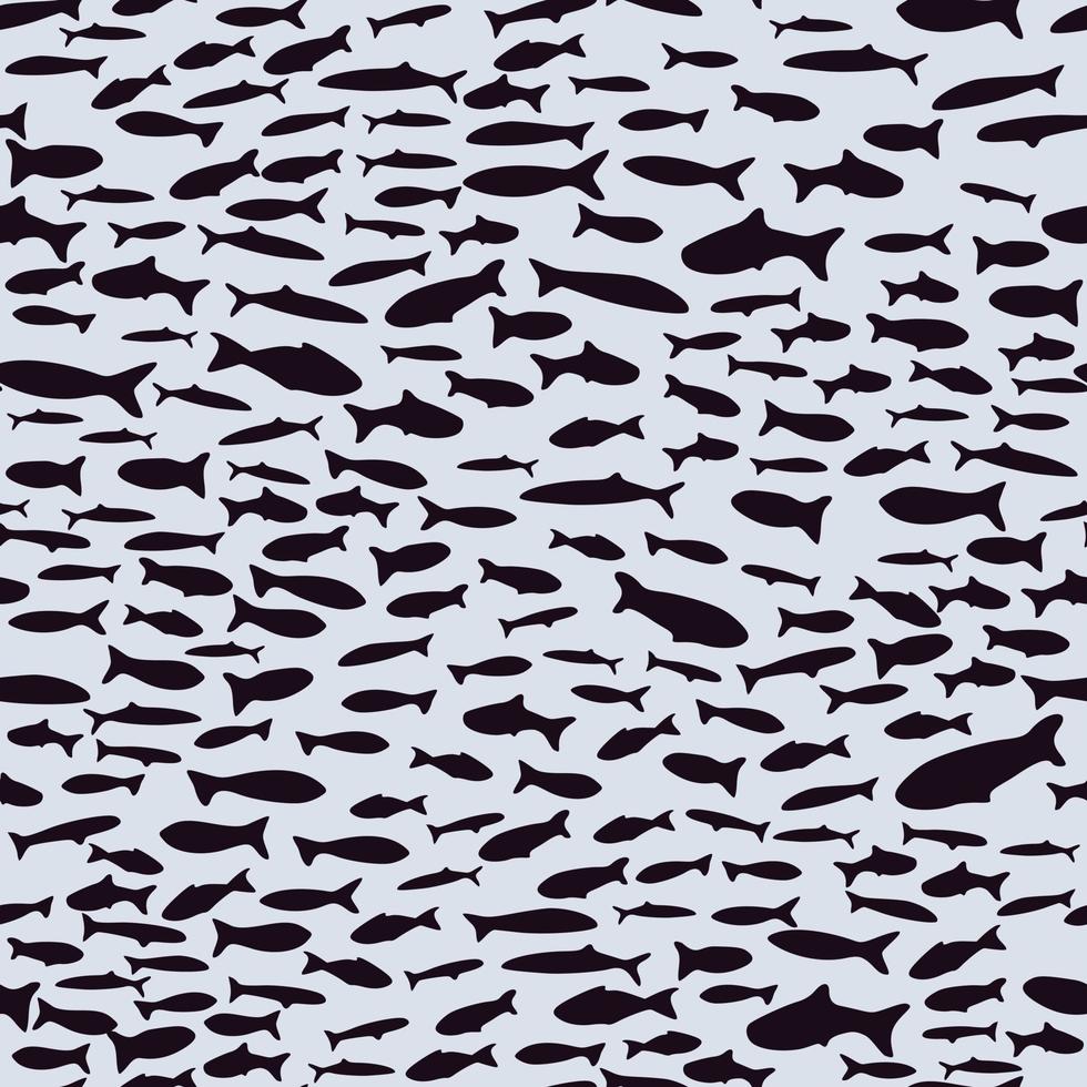 Seamless pattern with sea school little fishes. Contrast print with dark sea animals figures on light background. vector