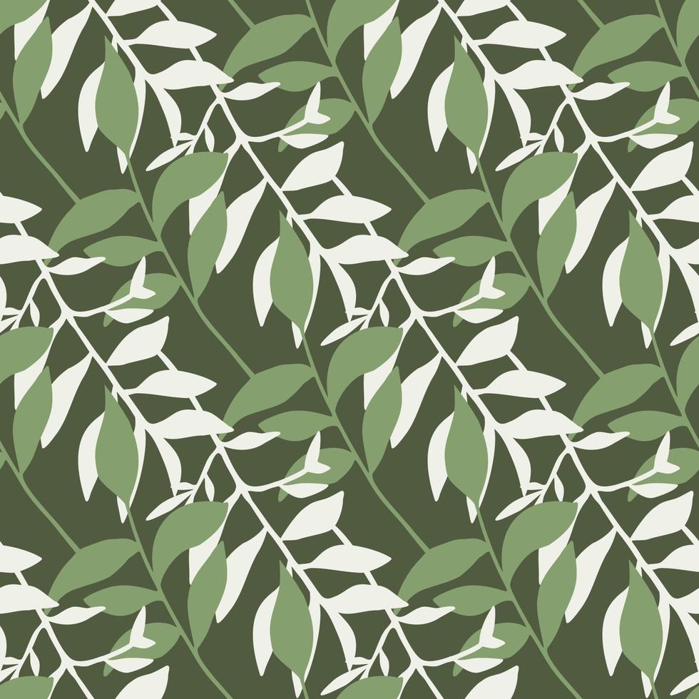 Simple foliage elements seamless hand drawn pattern. Green and white leaves branches on dark khaki background. vector
