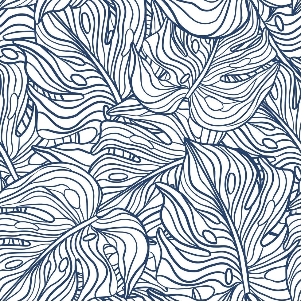 Random blue contoured monstera leaves ornament seamless pattern. Nature botany simple print. vector