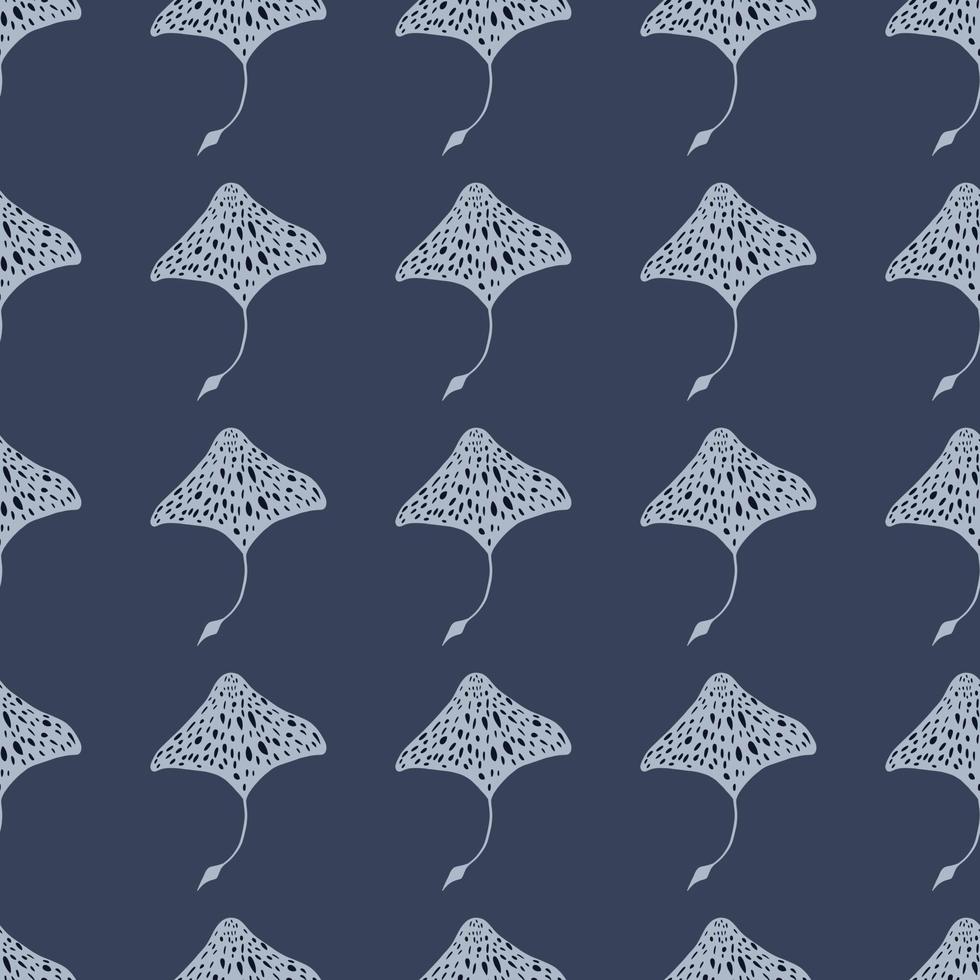 Abstract tropic sea fauna seamless pattern with spotted stingray silhouettes. Navy blue dark background. vector