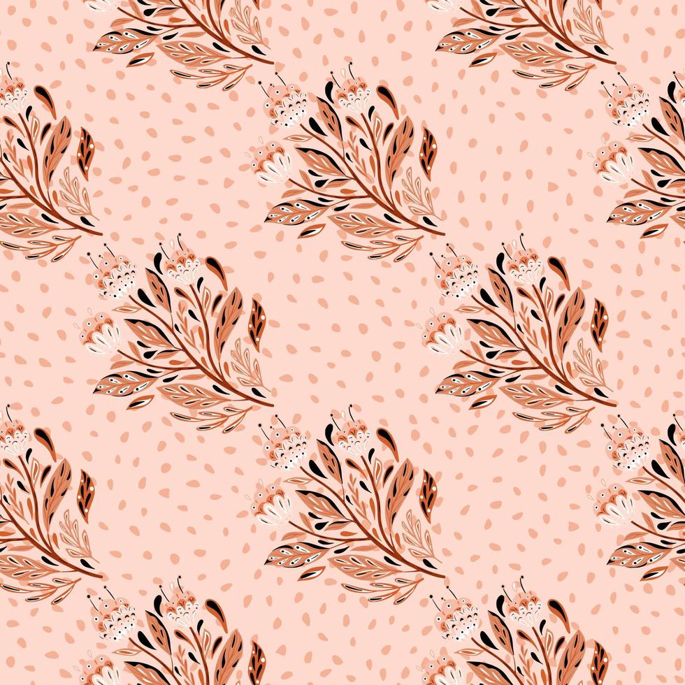 Abstract seamless pattern with contoured ethnic flowers bouquet silhouettes on dotted pink background. vector