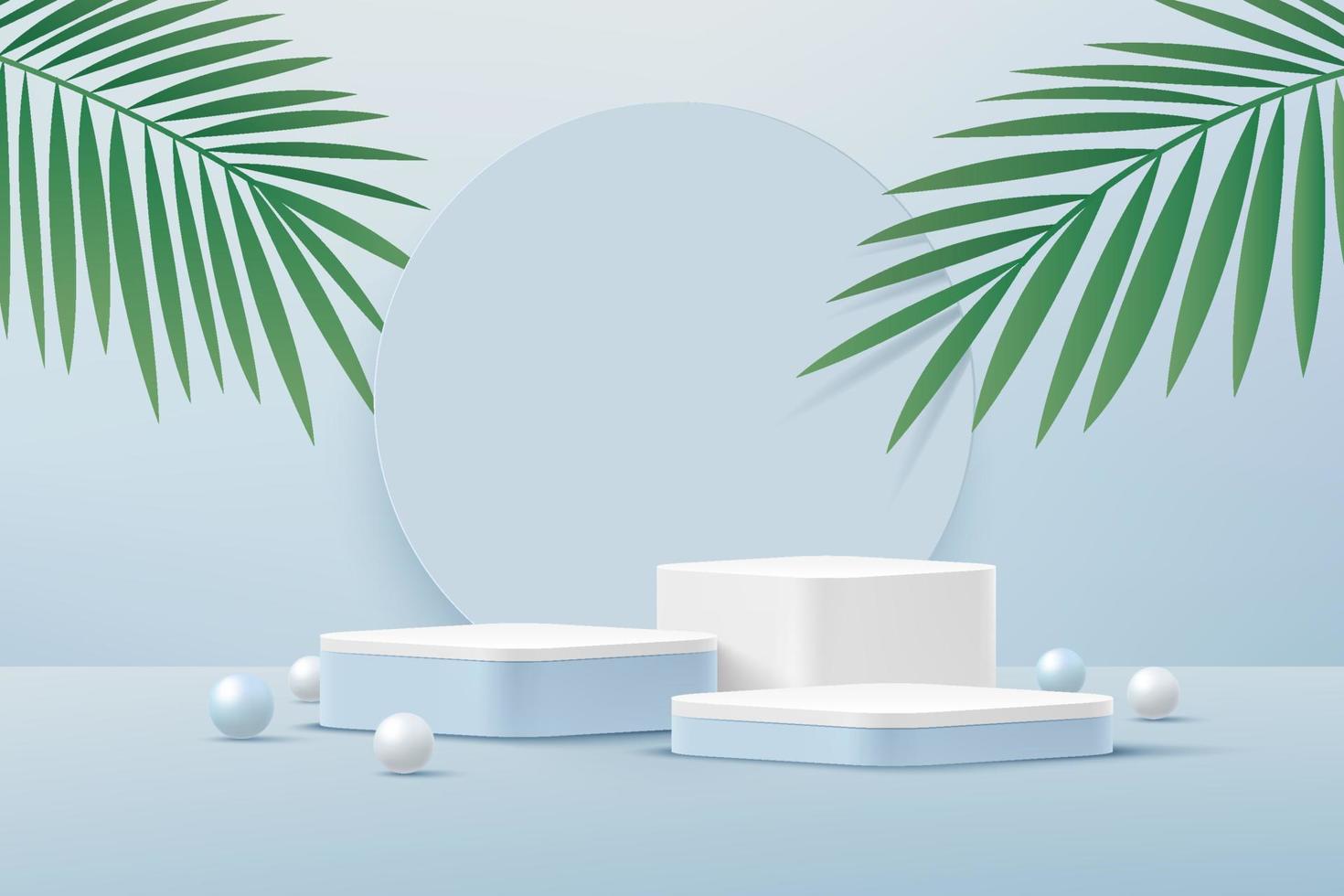 Abstract white round corner pedestal podium, Light blue empty room with green palm leaf, blue and white sphere. Vector rendering 3d shape, Product display presentation. Pastel room minimal wall scene.
