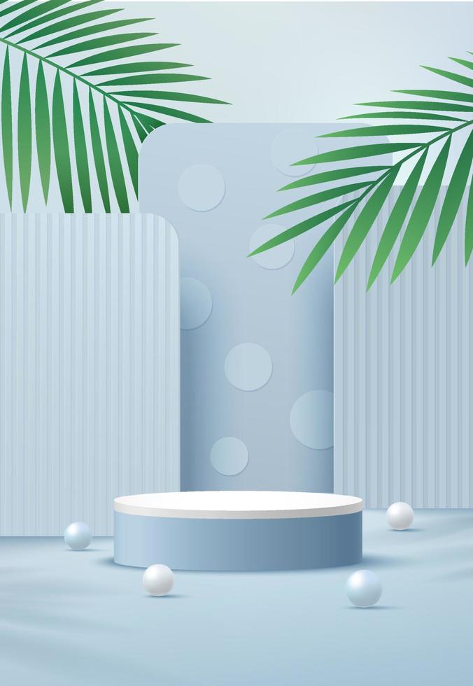 podio de pedestal de cilindro blanco abstracto, habitación vacía azul claro, hoja de palma verde, esfera azul y blanca, fondo geométrico. representación vectorial de forma 3d, presentación de exhibición de productos. escena de pared mínima. vector