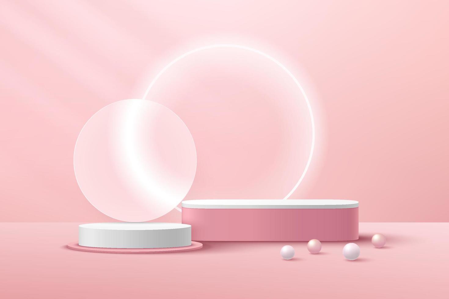 Abstract white cylinder pedestal podium, Light pink empty room with transparent glass ring, Pink and white sphere. Vector rendering 3d shape, Product display presentation. Pastel room minimal scene.