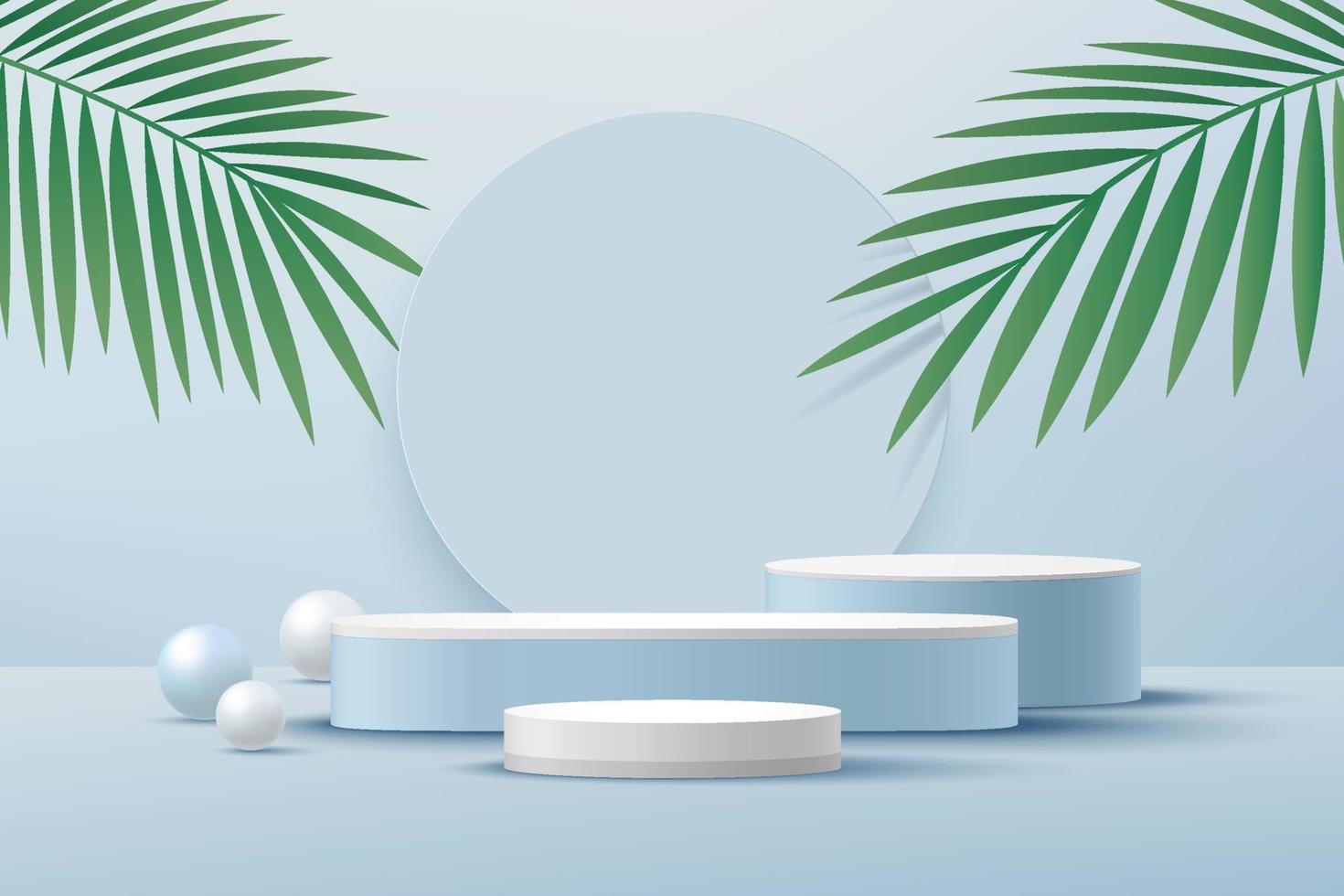 Abstract white cylinder pedestal podium, Light blue empty room with green palm leaf, blue and white sphere. Vector rendering 3d shape, Product display presentation. Pastel room minimal wall scene.