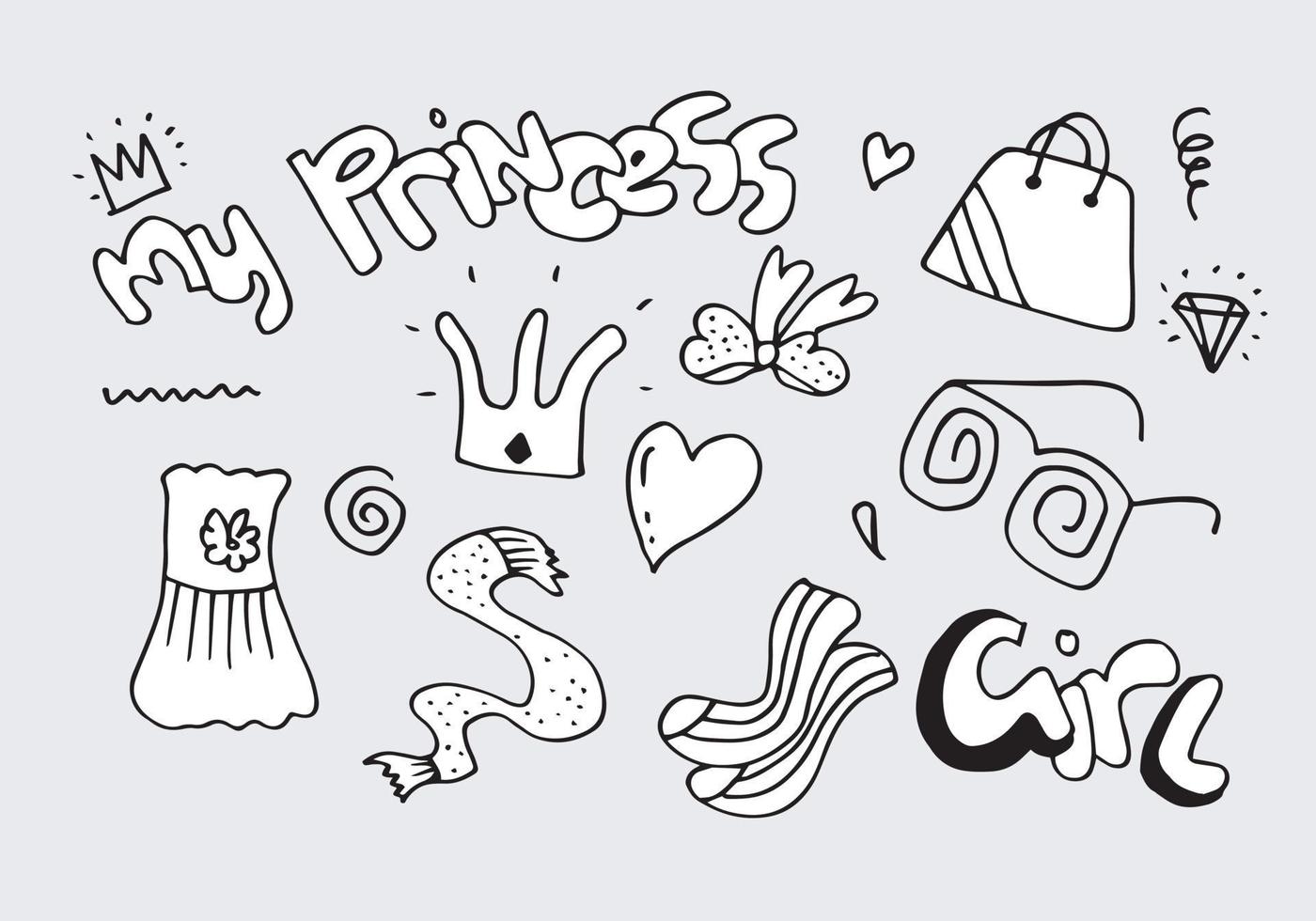 Set of fashion hand drawn doodle icons. Female clothing and accessories. vector