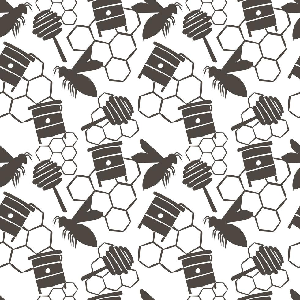 Little bee ornament seamless doodle pattern. Brown colored hives, honeycombs, honey spoons simple silhouettes on white background. vector