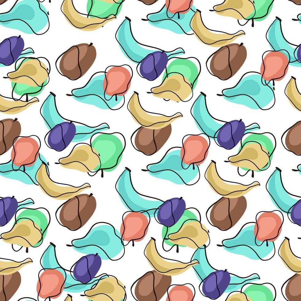 Decorative organic seamless pattern with random apples, bananas, pears and plums silhouettes. vector