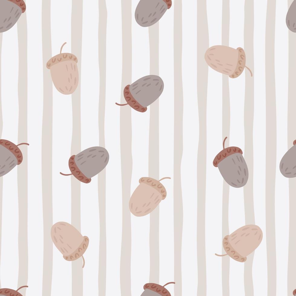 Random light seamless pattern with hand drawn acorn elements. Striped pastel background. vector