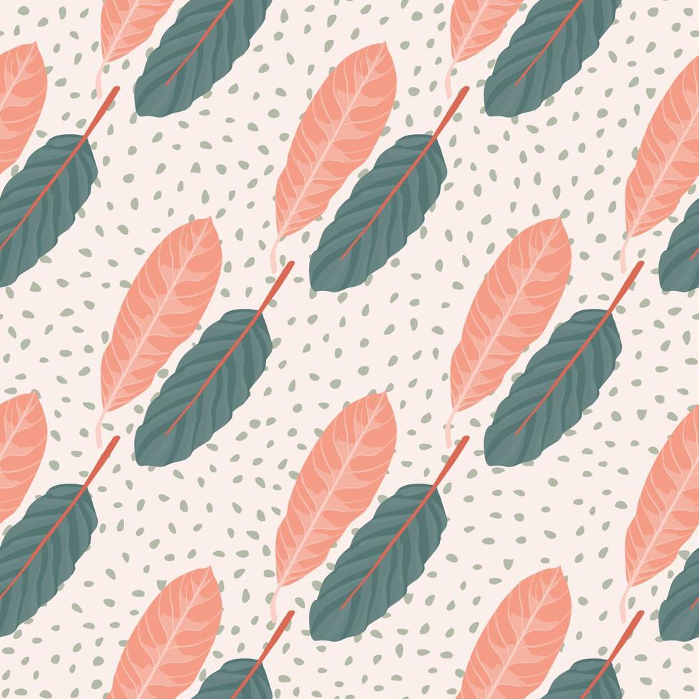 Seamless tender pattern with leafs. Hand drawn botanic ornament in pink and pale blue colors on white dotted background. vector
