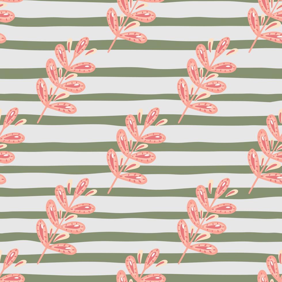 Pastel pink leaves branches elements seamless pattern. Grey striped background. Nature botanic backdrop. vector