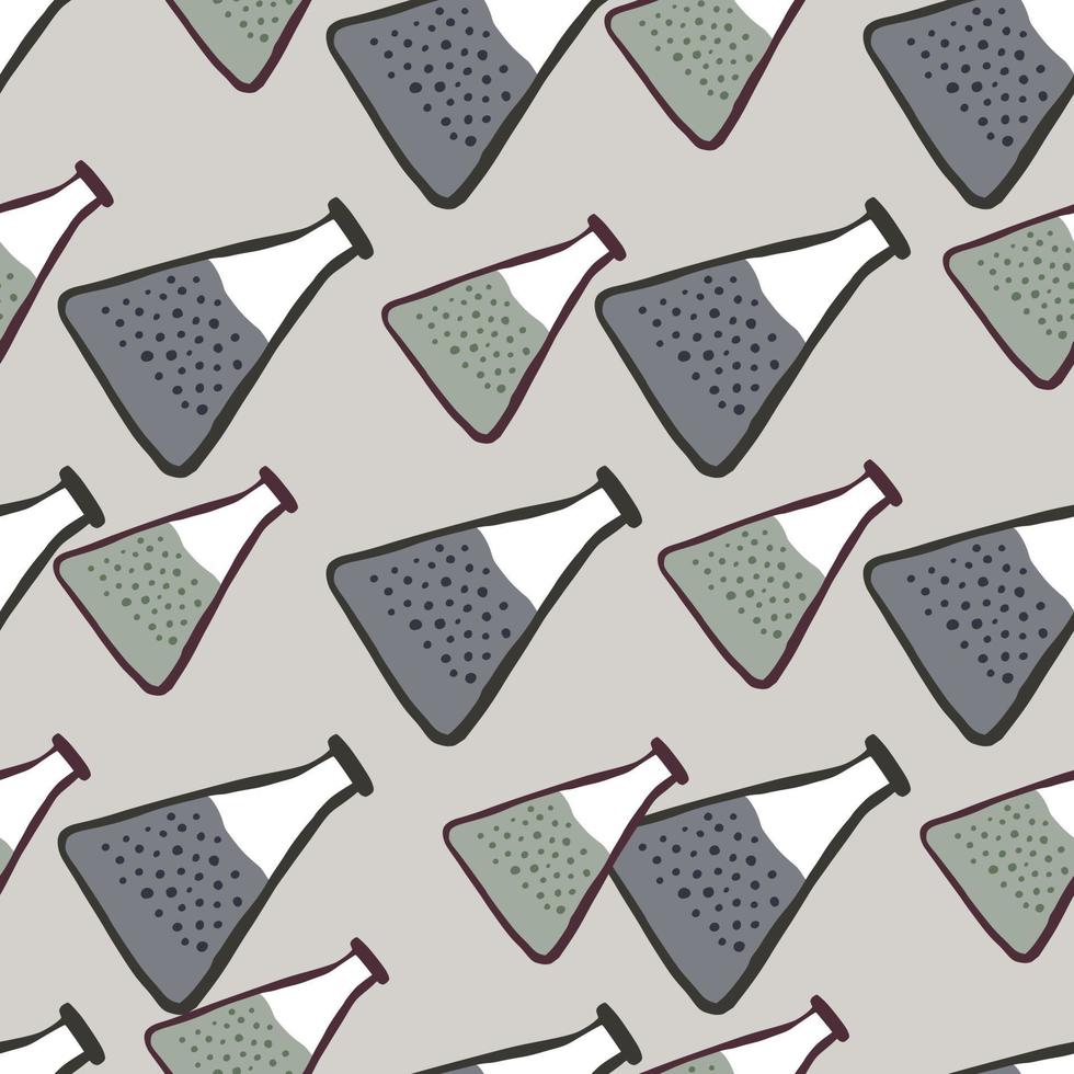 Cartoon pale seamless pattern with doodle flask ornament. Grey and light purple palette medicine artwork. vector