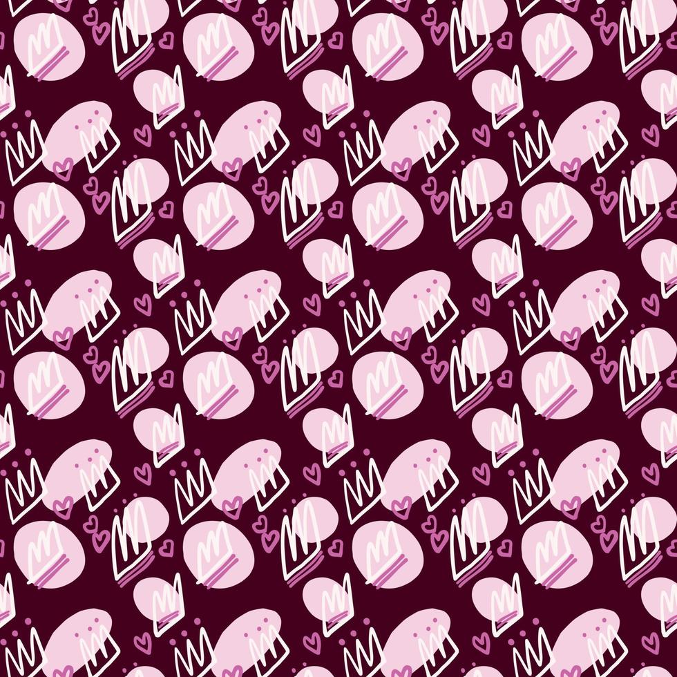 Contrast seamless pattern with crowns on dark burgundy background. Pink circles and outlined elements. vector