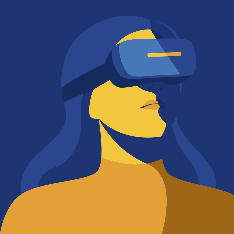foto de perfil mujer usando casco de realidad virtual. Ilustración de vector de tecnología de mundo cibernético digital de metaverso
