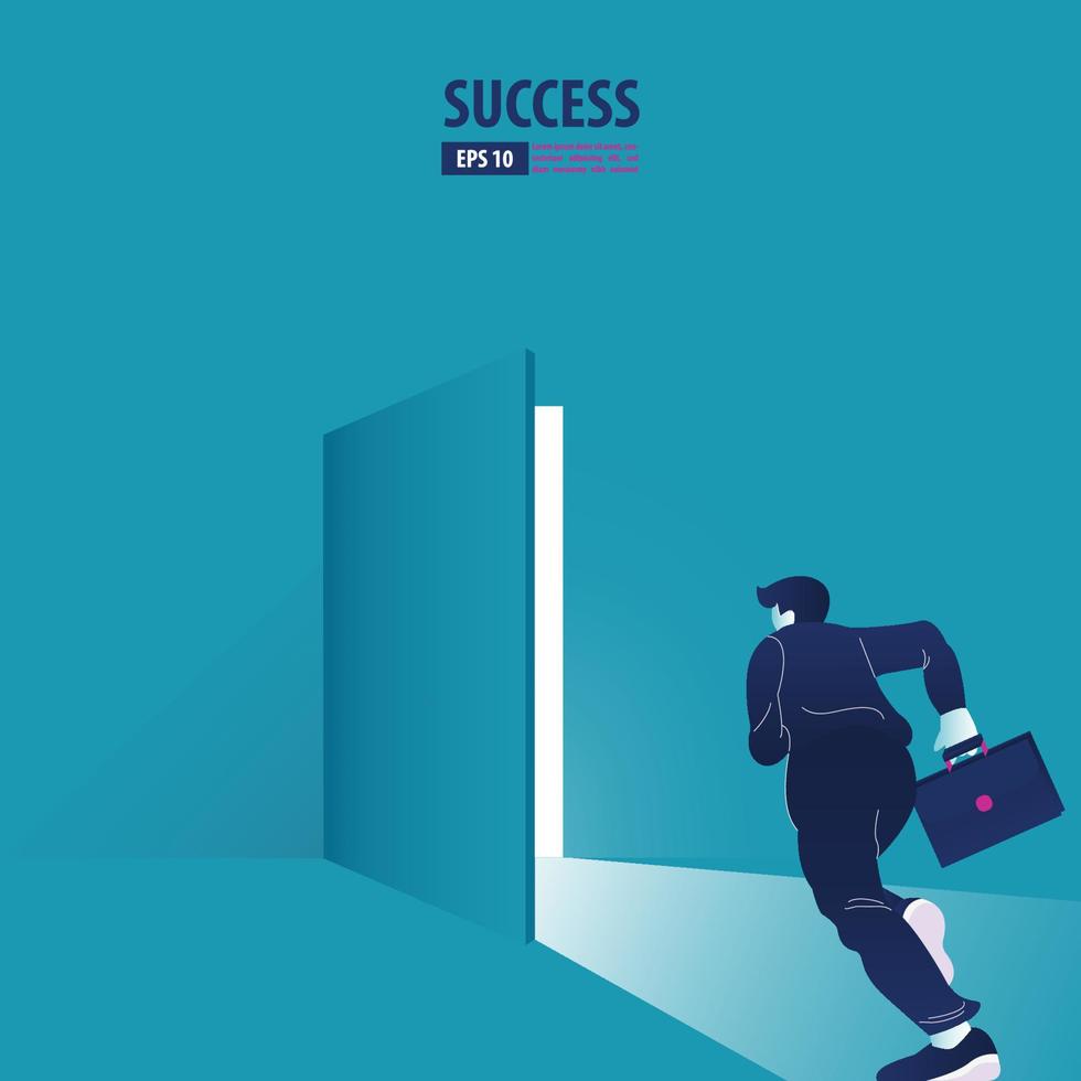 Businessman running into the opening door.  Catch the opportunity and success. Business vector concept illustration