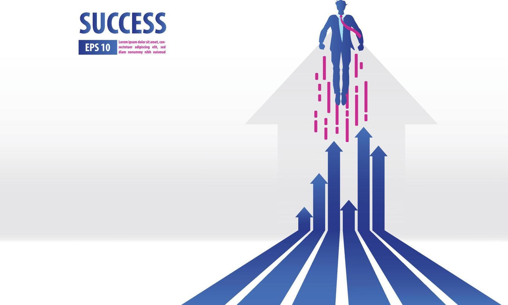 Business arrows concept with businessman flying to success. growth finance chart up increase profit sales. background vector illustration
