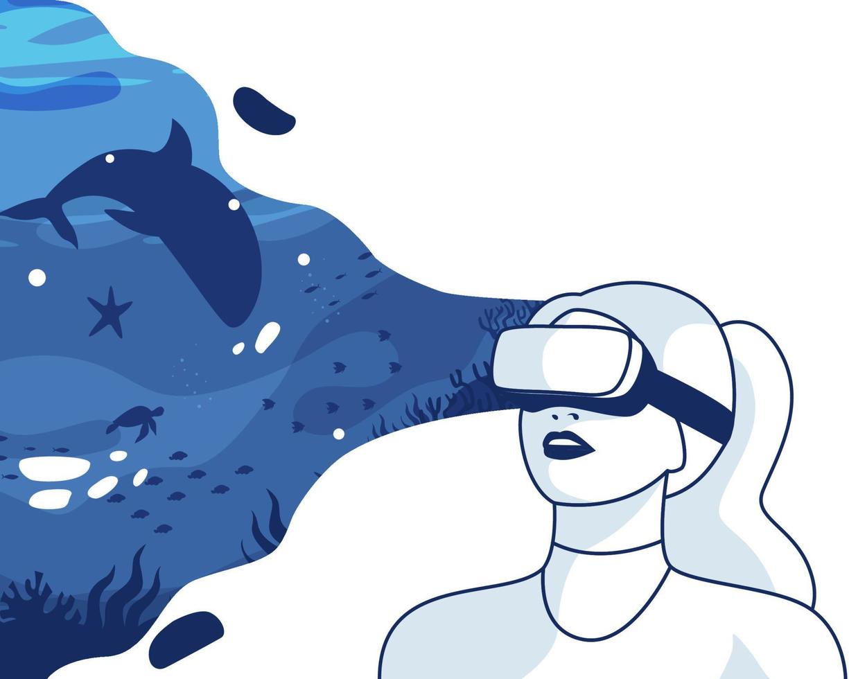 mujer experimentando la realidad virtual usando el océano de mirada. ilustración de fondo de vector de tecnología de mundo cibernético digital de metaverso