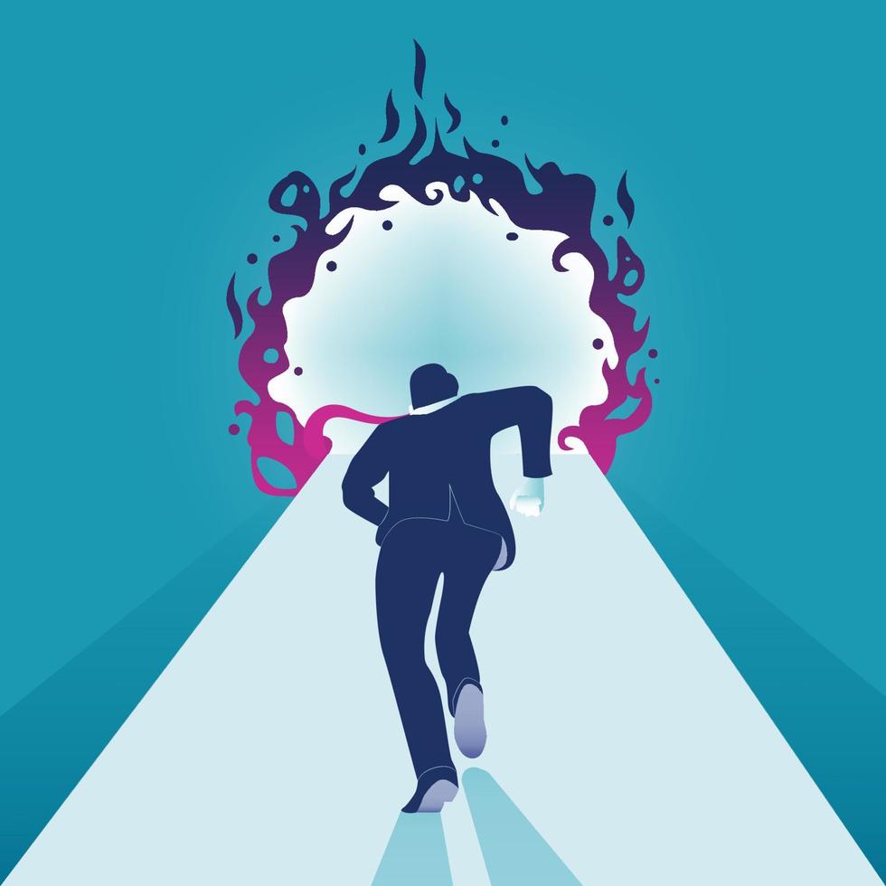 Businessman running into fire hole. Business Vector Illustration