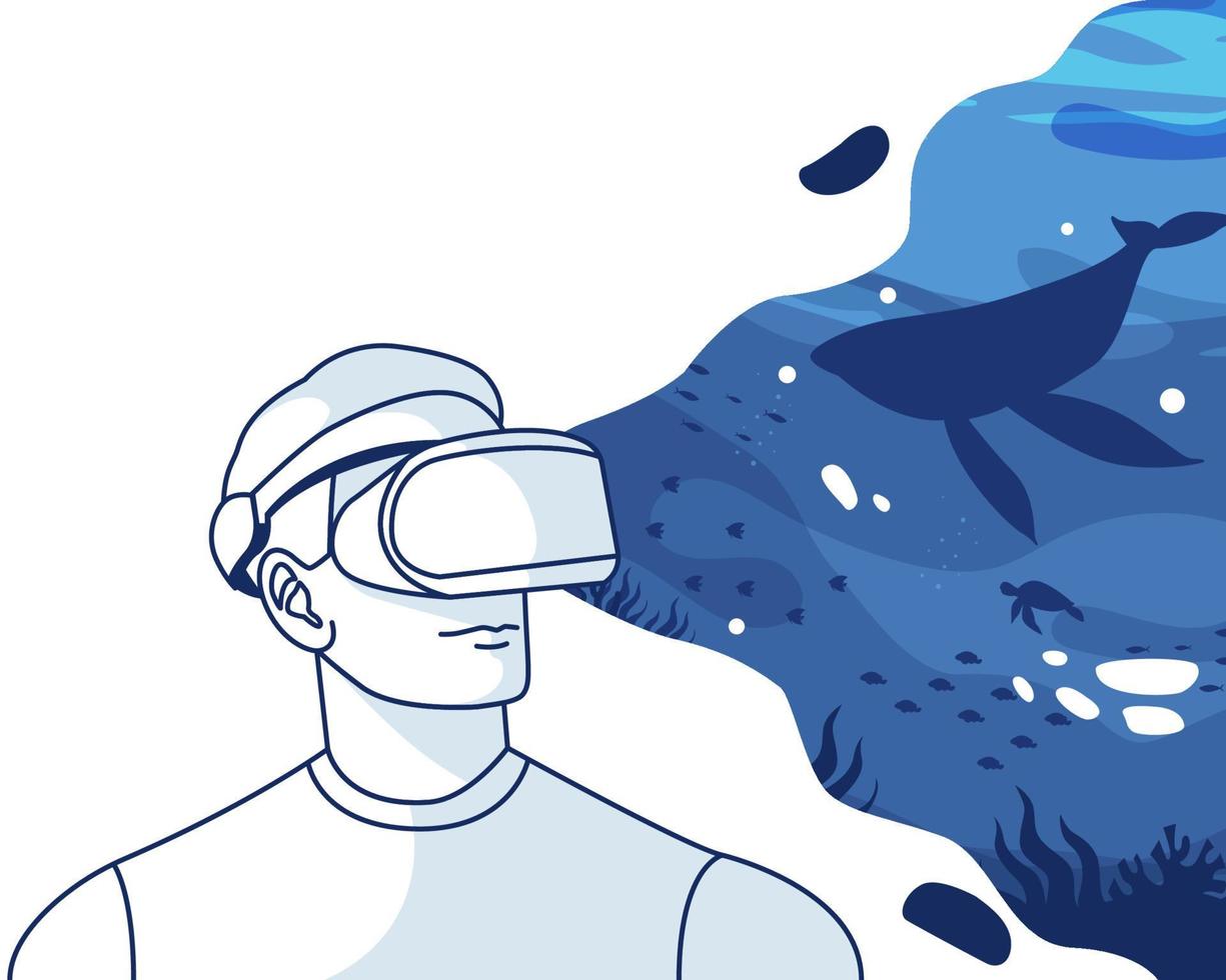 man experiencing virtual reality using looking ocean. Metaverse digital cyber world technology vector background illustration