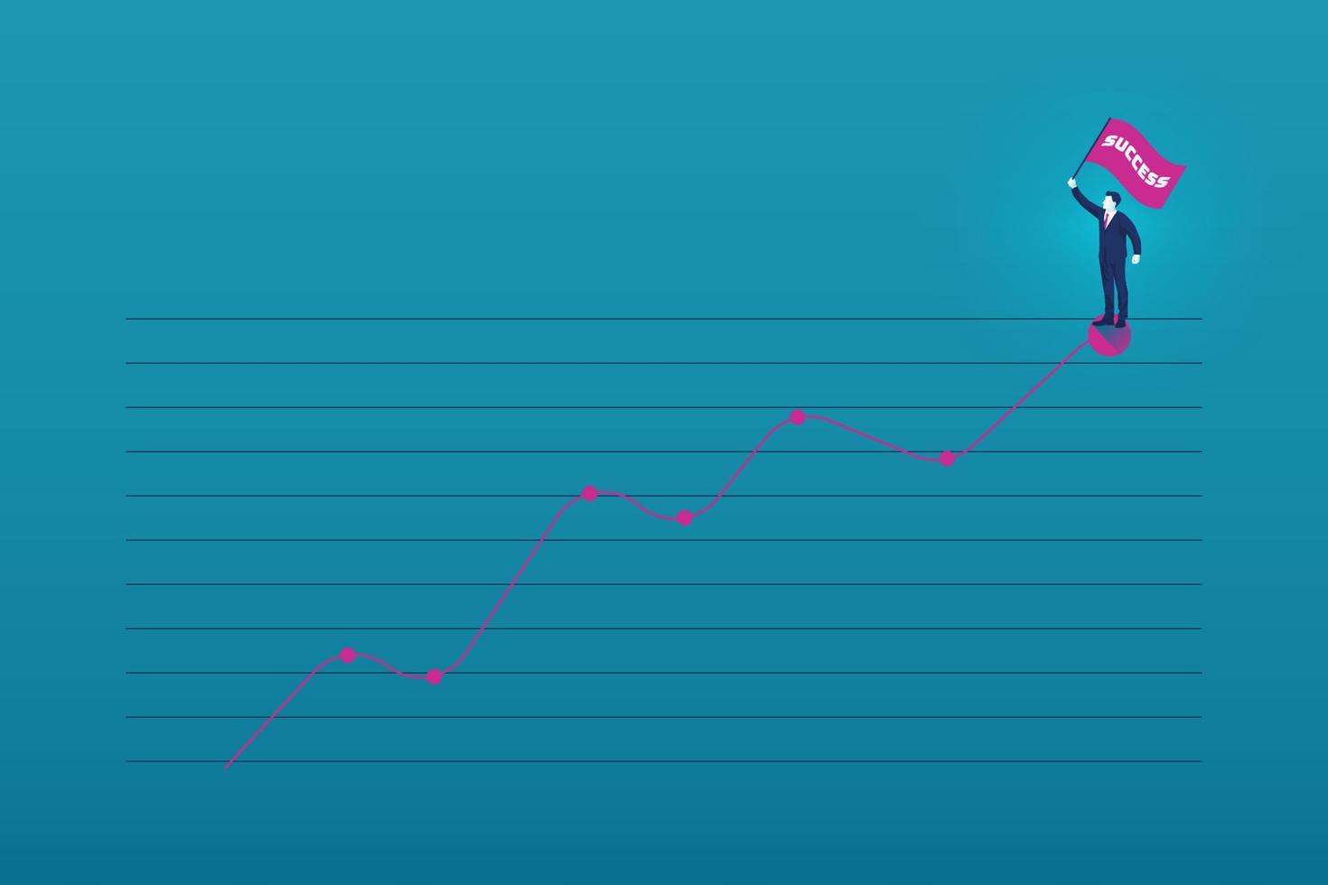 empresario sosteniendo la bandera de éxito en la parte superior del gráfico. gráfico de crecimiento hacia arriba aumentar las ventas de ganancias y el fondo de inversión vector