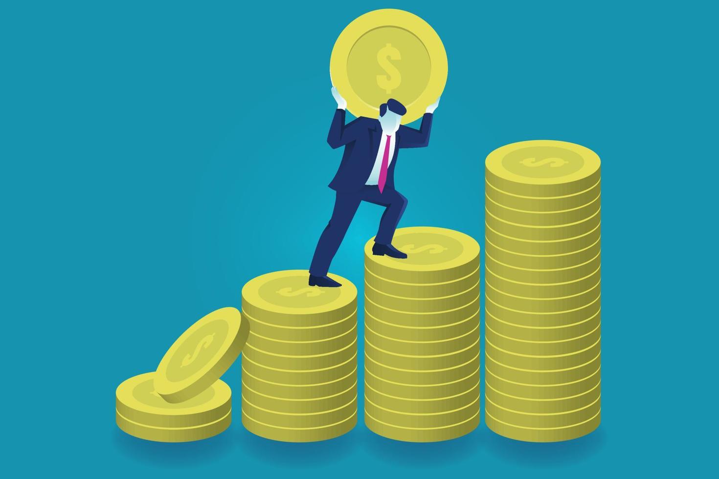 Businessman who is carrying a coin and walking on pile of coins vector illustration