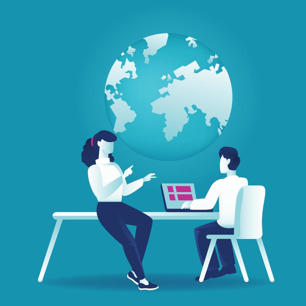 Teamwork and development concept. People brainstorming showing world globe. Vector illustration