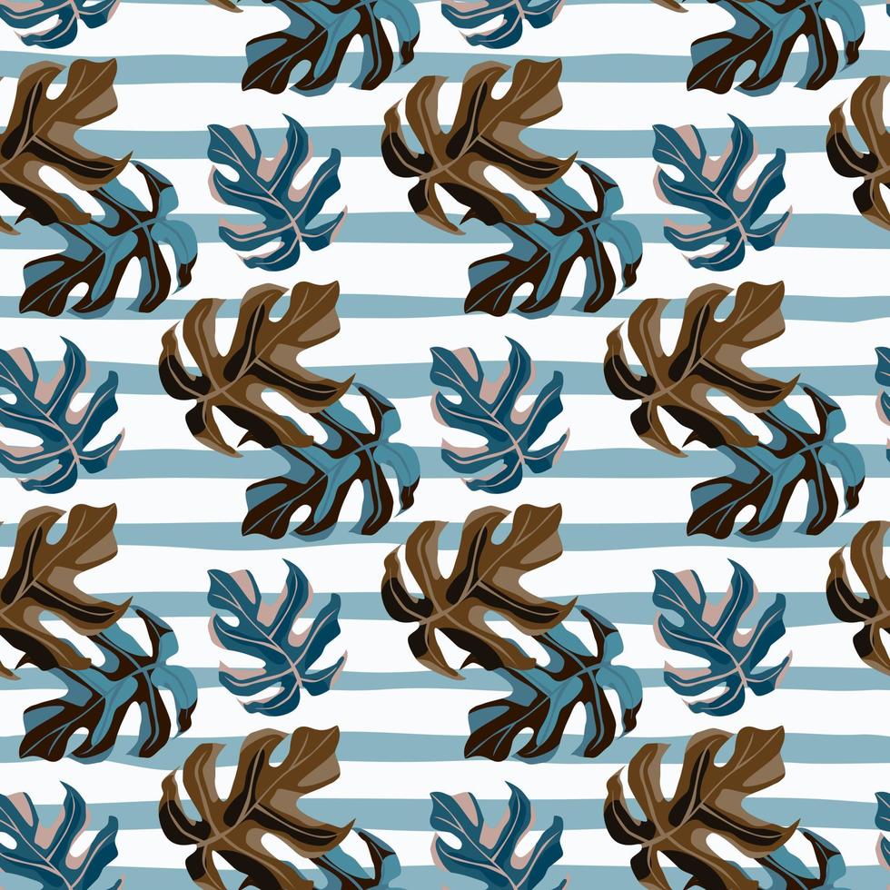 Blue and brown monstera leaf seamless pattern. Bright background with blue and white strips. vector