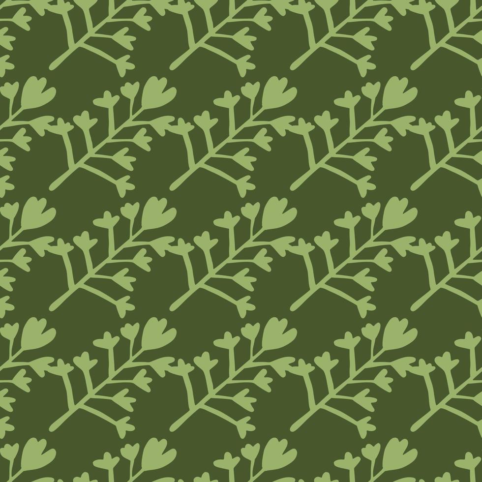 Botanic seamless pattern with pastel green floral silhouettes. Dark green background. Simple backdrop. vector