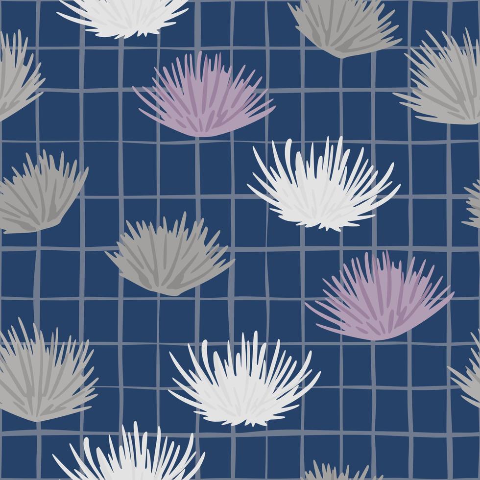 Random seamless pattern with hand drawn thorn flower buds. Grey and purple botanic ornament on navy blue chequered background. vector