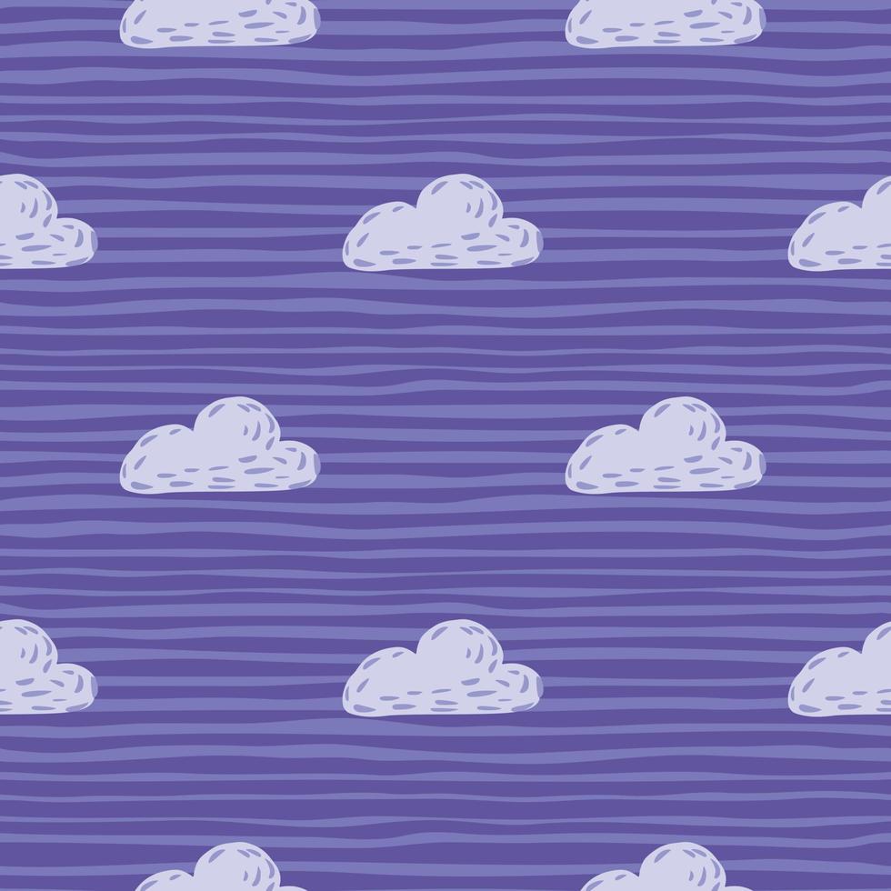 Doodle seamless pattern with light tones clouds silhouettes. Weather print with blue striped background. vector