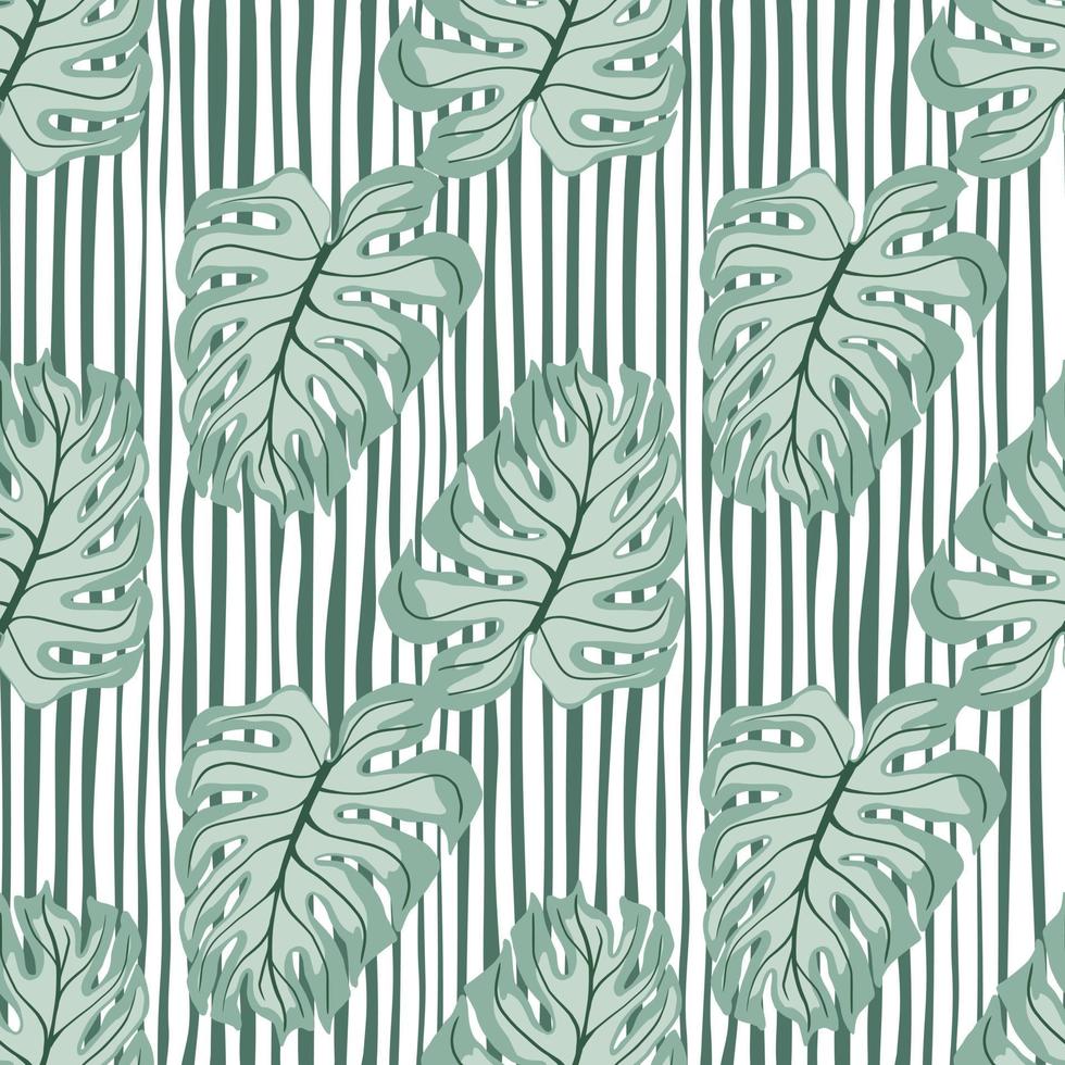 Tropical seamless pattern with blue monstera leaf shapes. Striped green and white background. vector