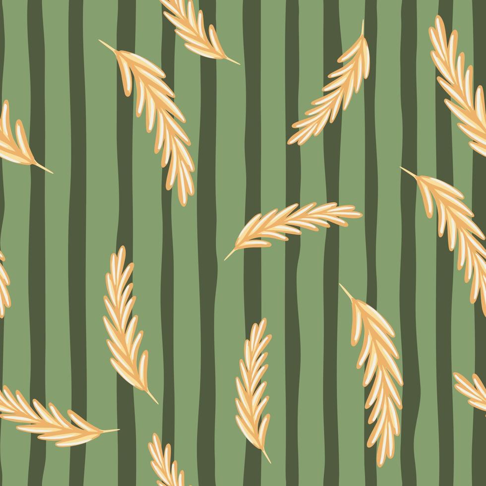 Beige random ear of wheat elements seamless pattern in doodle style. Green striped background. vector