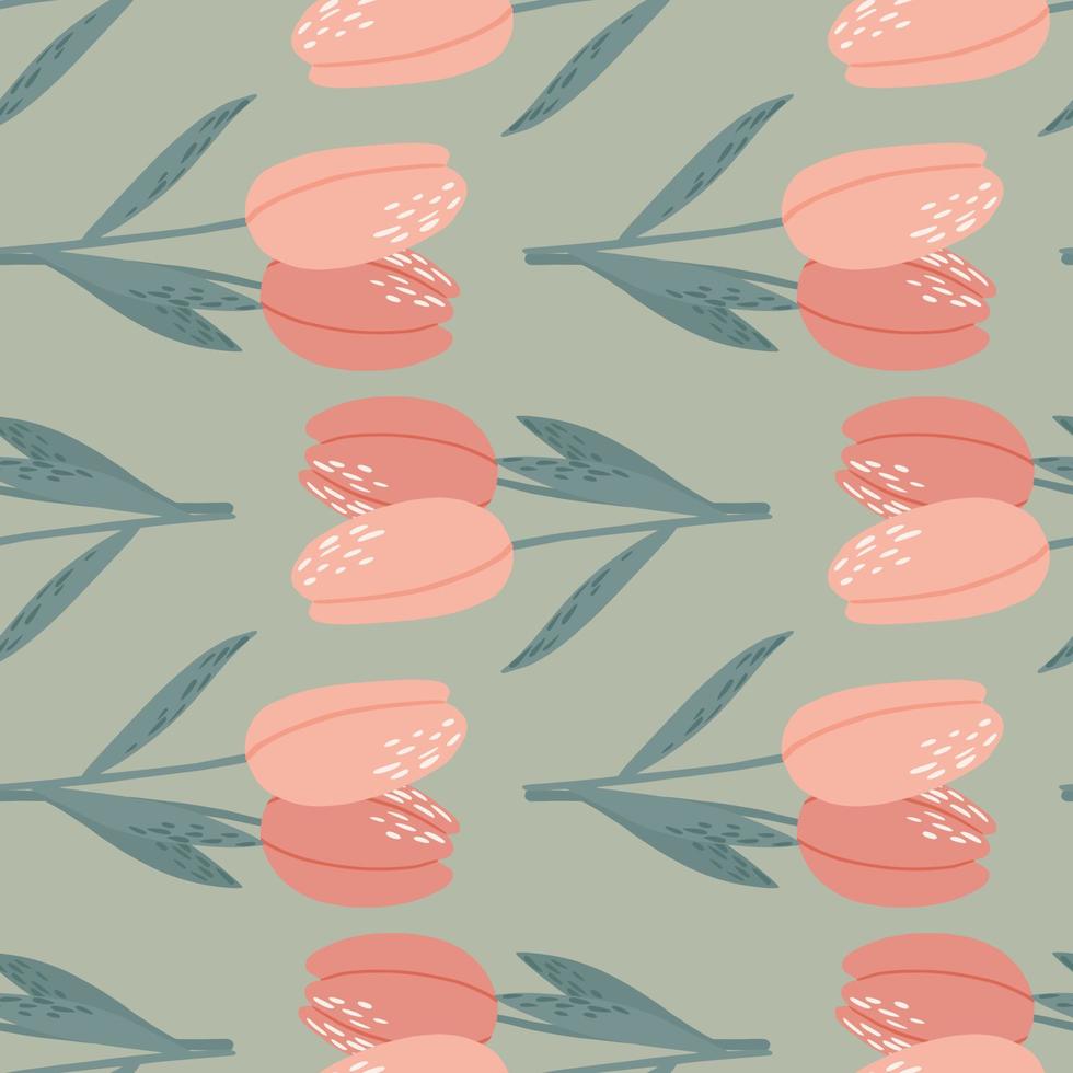 Pale seamless pattern with pink colored tulip flower silhouettes. Botanic simple print on grey background. vector